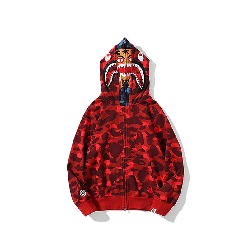 EM Sneakers Bape Color Camo Tiger Shark Wide Full Zip Double Hoodie Red(SS21)