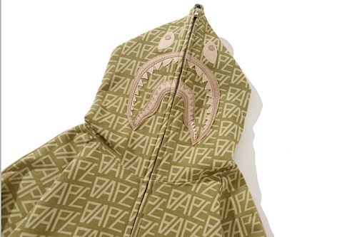 EM Sneakers BAPE Logo Monogram Velour Shark Full Zip Hoodie Beige