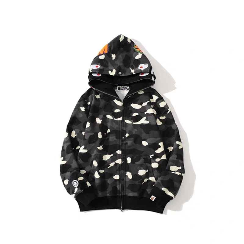EM Sneakers BAPE Shark Head Tiger Head Zipper Luminous Camouflage Double Hooded Hoodie Dark Gray