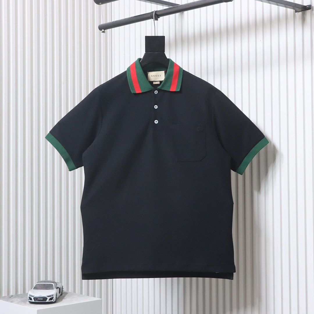 EM Sneakers GUCCI 25SS Classic Red and Green Ribbon Double G Embroidered Short-Sleeve Polo Shirt Black
