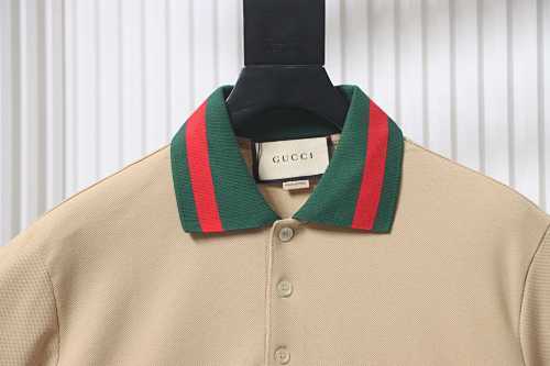 EM Sneakers GUCCI 25SS Classic Red and Green Ribbon Double G Embroidered Short-Sleeve Polo Shirt Khaki