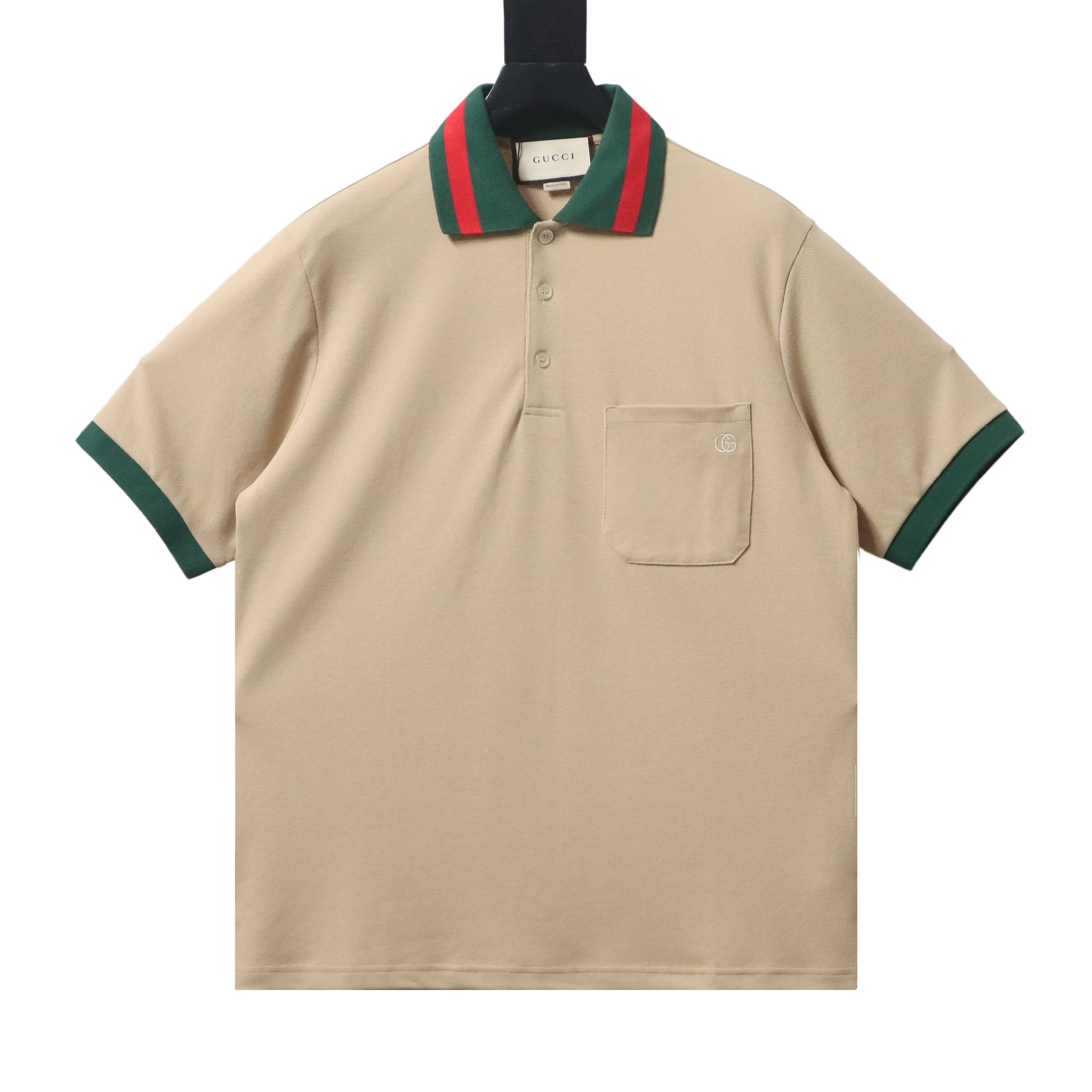 EM Sneakers GUCCI 25SS Classic Red and Green Ribbon Double G Embroidered Short-Sleeve Polo Shirt Khaki