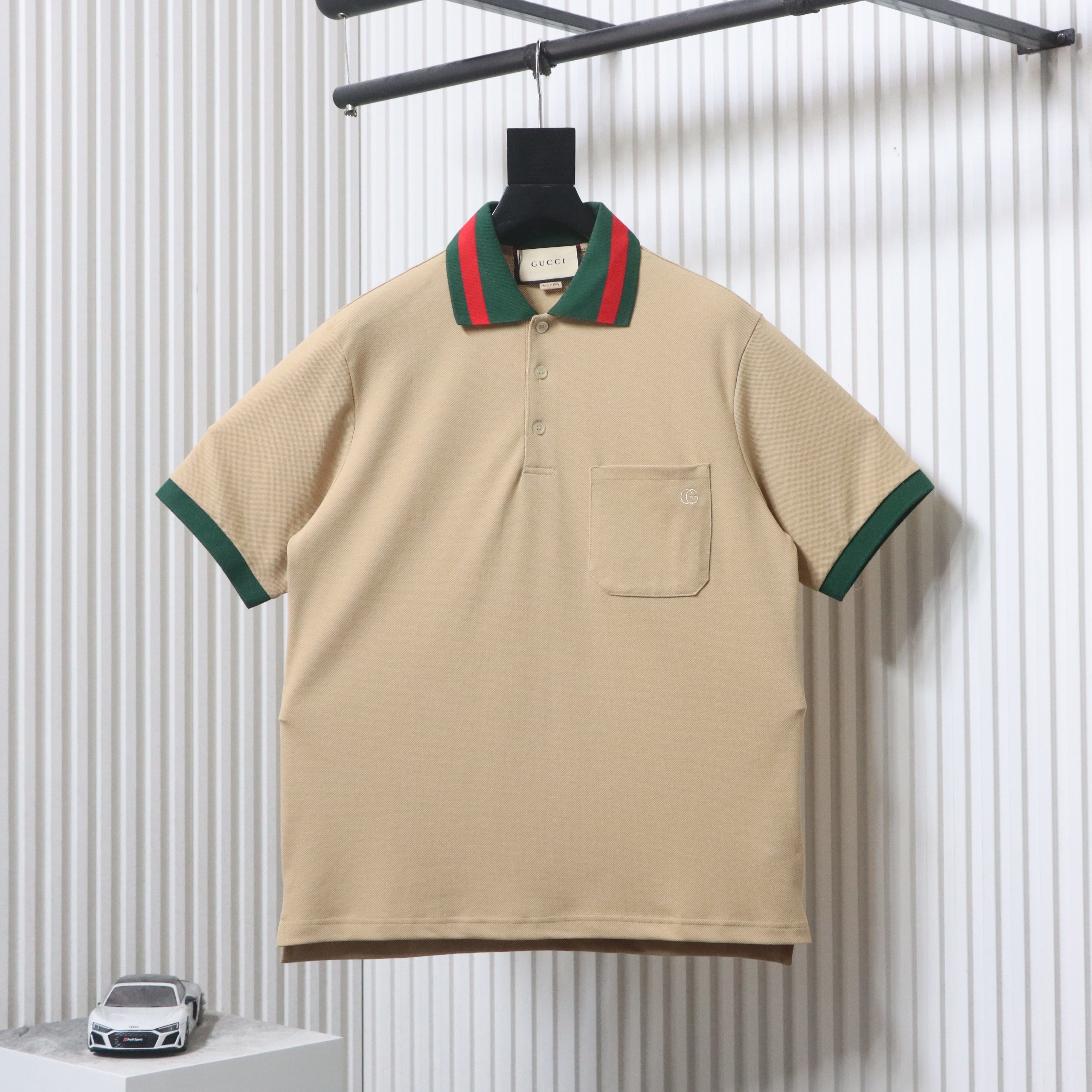 EM Sneakers GUCCI 25SS Classic Red and Green Ribbon Double G Embroidered Short-Sleeve Polo Shirt Khaki