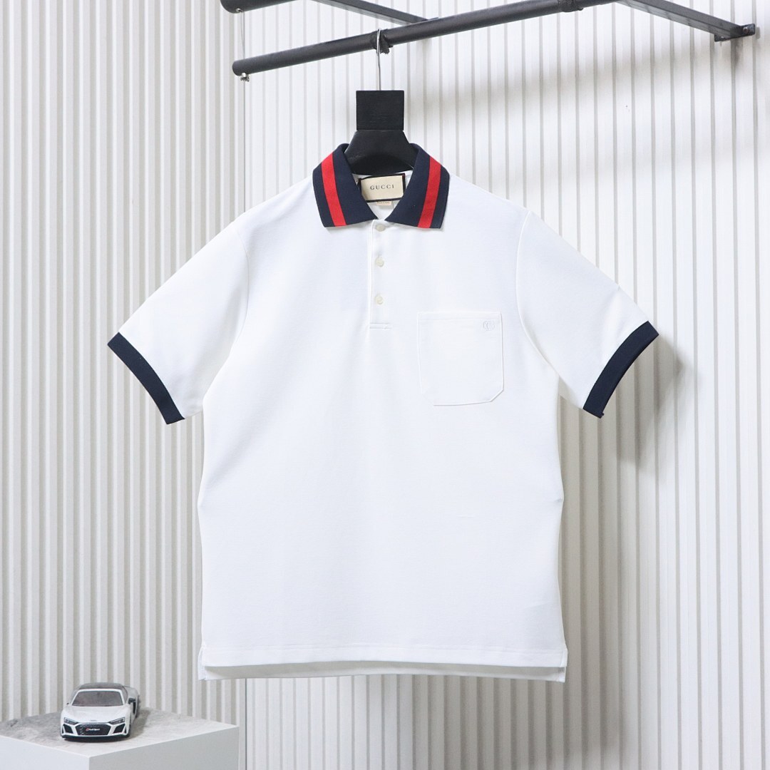 EM Sneakers GUCCI 25SS Classic Red and Green Ribbon Double G Embroidered Short-Sleeve Polo Shirt White