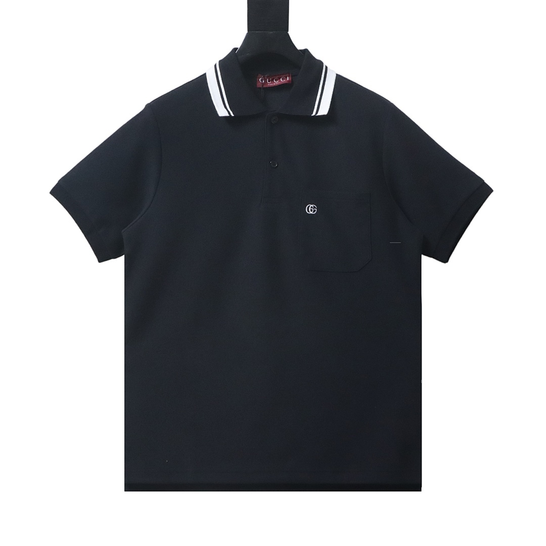 EM Sneakers GUCCI 26SS Classic Pocket Double G Embroidered Logo Short-Sleeve Polo Shirt Black