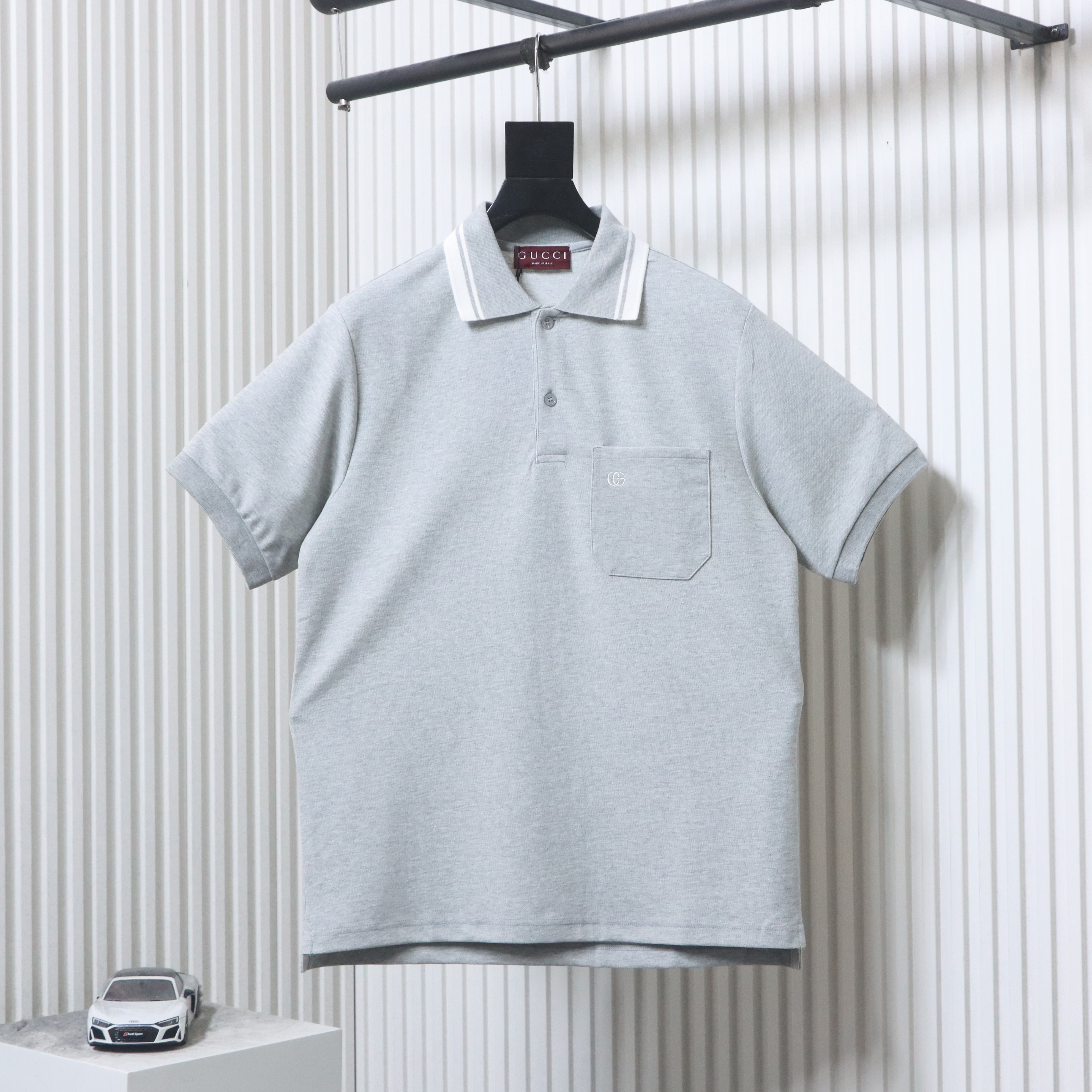 EM Sneakers GUCCI 26SS Classic Pocket Double G Embroidered Logo Short-Sleeve Polo Shirt Gray