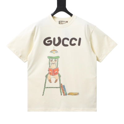 EM Sneakers Gucci Cartoon Cat Reading Print T-Shirt Apricot 01