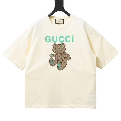 EM Sneakers Gucci Monogrammed Teddy Bear Embroidered Print T-shirt Apricot 01