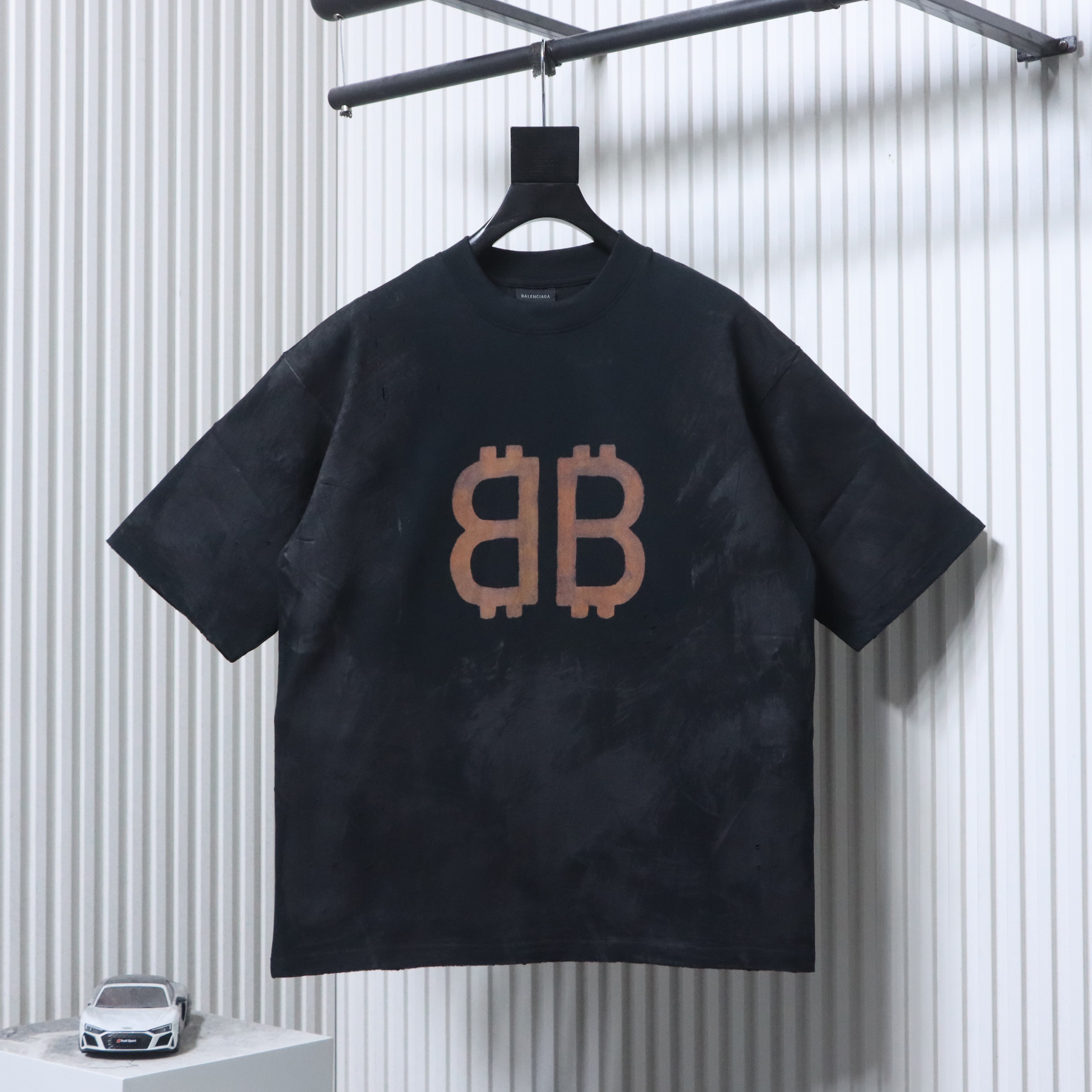 EM Sneakers Balenciaga Double B Distressed Hand-Painted Bitcoin Print T-Shirt Black