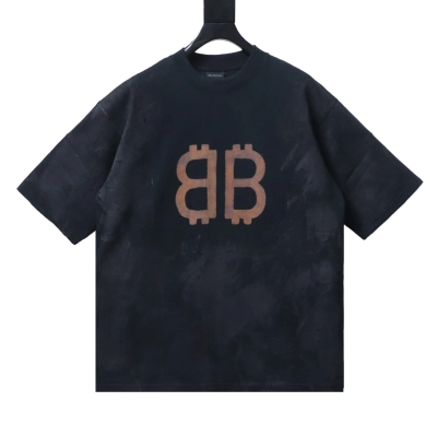 EM Sneakers Balenciaga Double B Distressed Hand-Painted Bitcoin Print T-Shirt Black 01