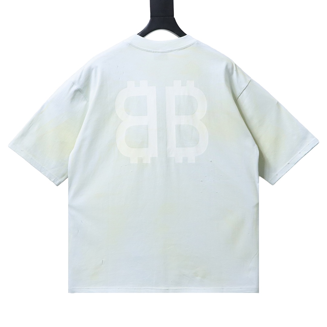 EM Sneakers Balenciaga Double B Distressed Hand-Painted Bitcoin Print T-Shirt White