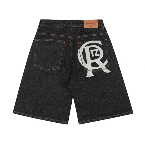 EM Sneakers Corteiz Crest Chainstitch Denim Shorts Washed Black