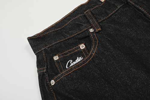 EM Sneakers Corteiz Crest Chainstitch Denim Shorts Washed Black