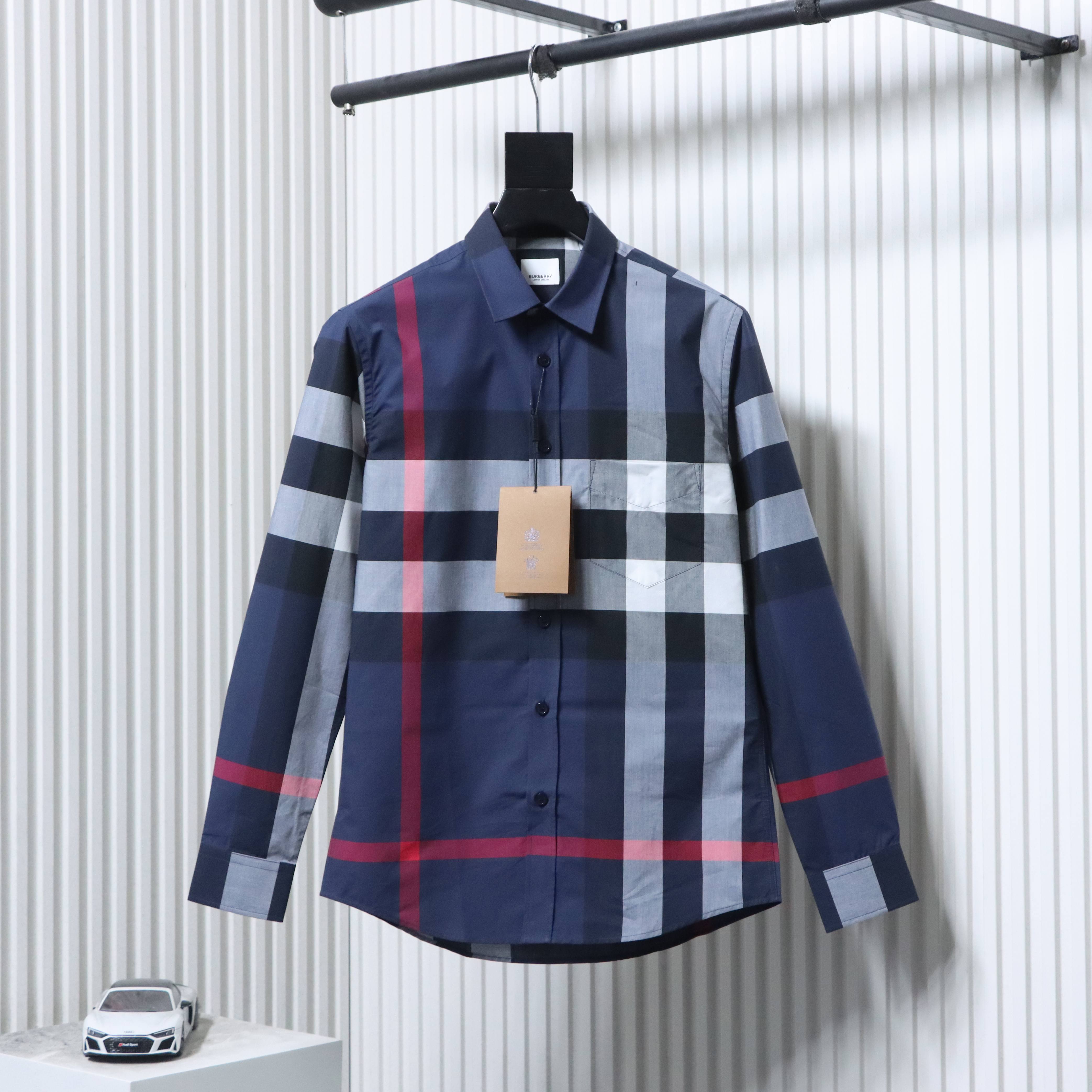 EM Sneakers Burberry Check Stretch Cotton Poplin Long Sleeve Shirt Archive Blue