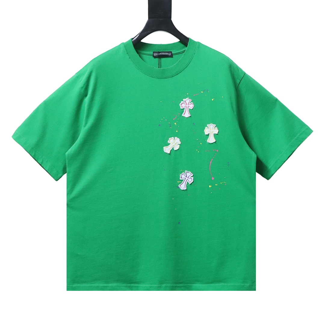 EM Sneakers Chrome Hearts 26SS Heavy-Duty Graffiti Cross Appliqué Embroidery Washed T-Shirt Green