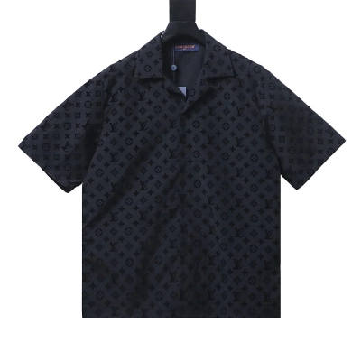 EM Sneakers Louis Vuitton Monogram Moire Jacquard Silk Short Sleeve Shirt Black 01