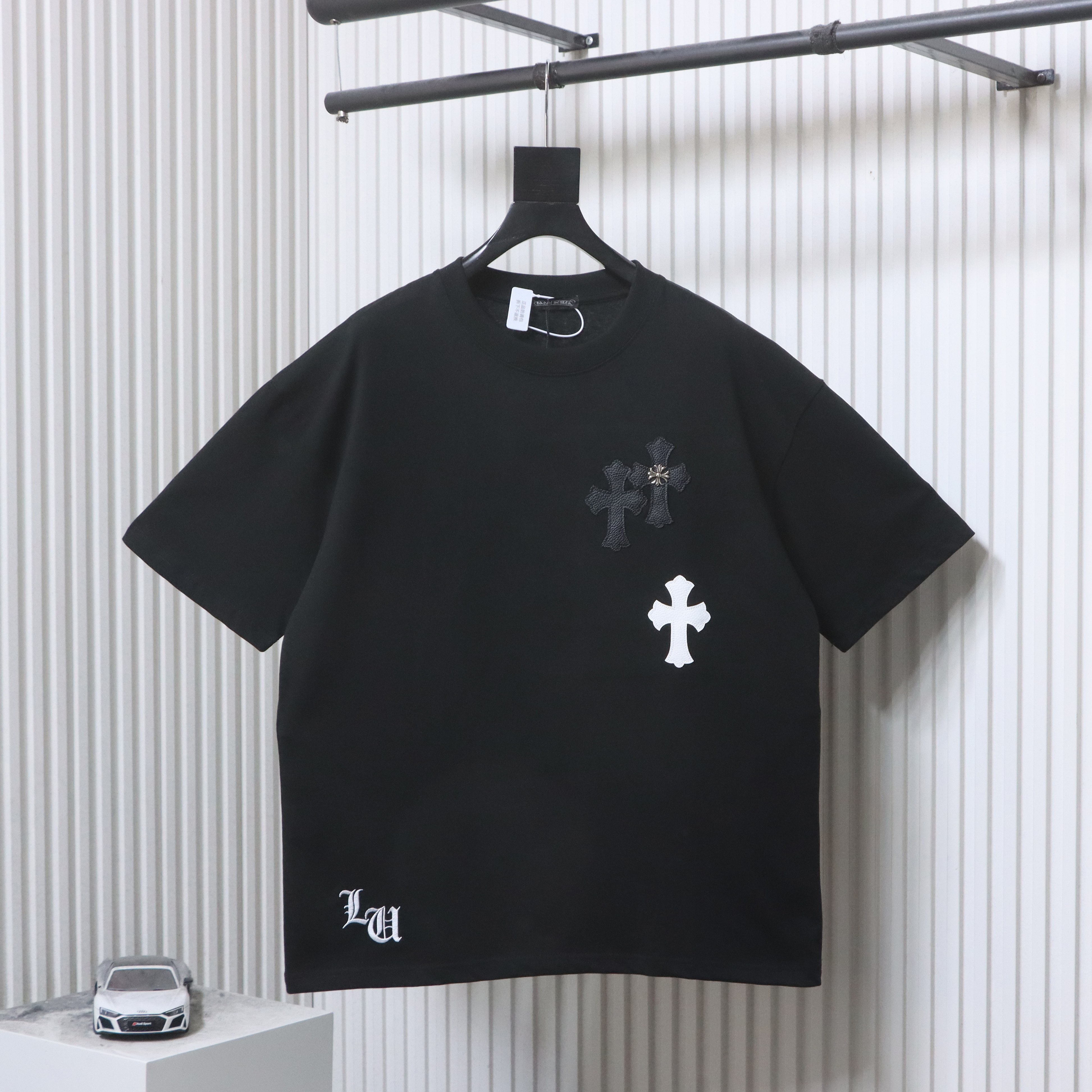 EM Sneakers Chrome Hearts T-Shirt with Leather Cross Patch and Hardware-Style Print Black