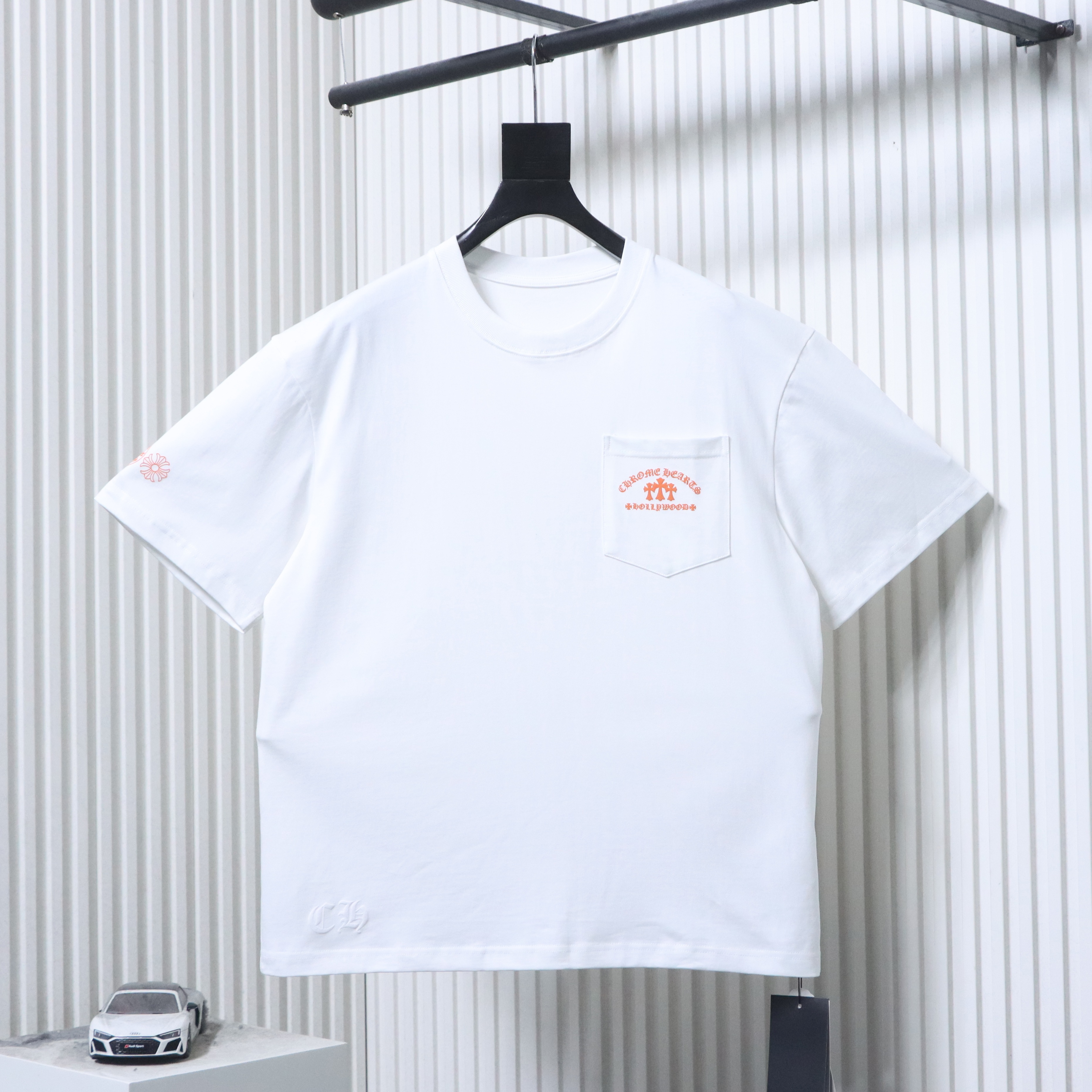 EM Sneakers Chrome Hearts Triple Cross Hollywood Pocket T-Shirt White /Orange