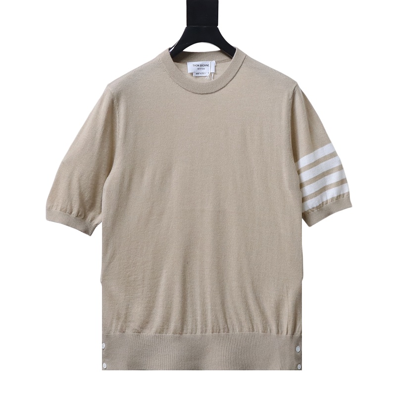 EM Sneakers Thom Browne Classic 4-Bar Striped Short-Sleeve Knit T-Shirt Beige