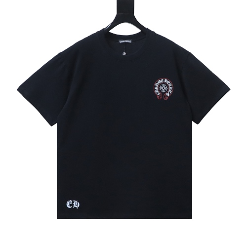 EM Sneakers Chrome Hearts SS26 Black T-Shirt with Pink-Outline Horseshoe Logo Print