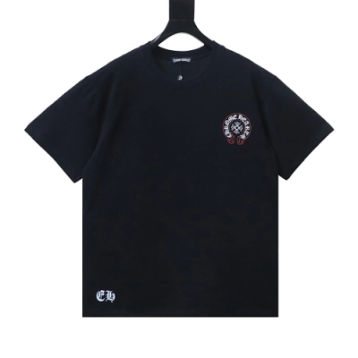 EM Sneakers Chrome Hearts SS26 Black T-Shirt with Pink-Outline Horseshoe Logo Print 02