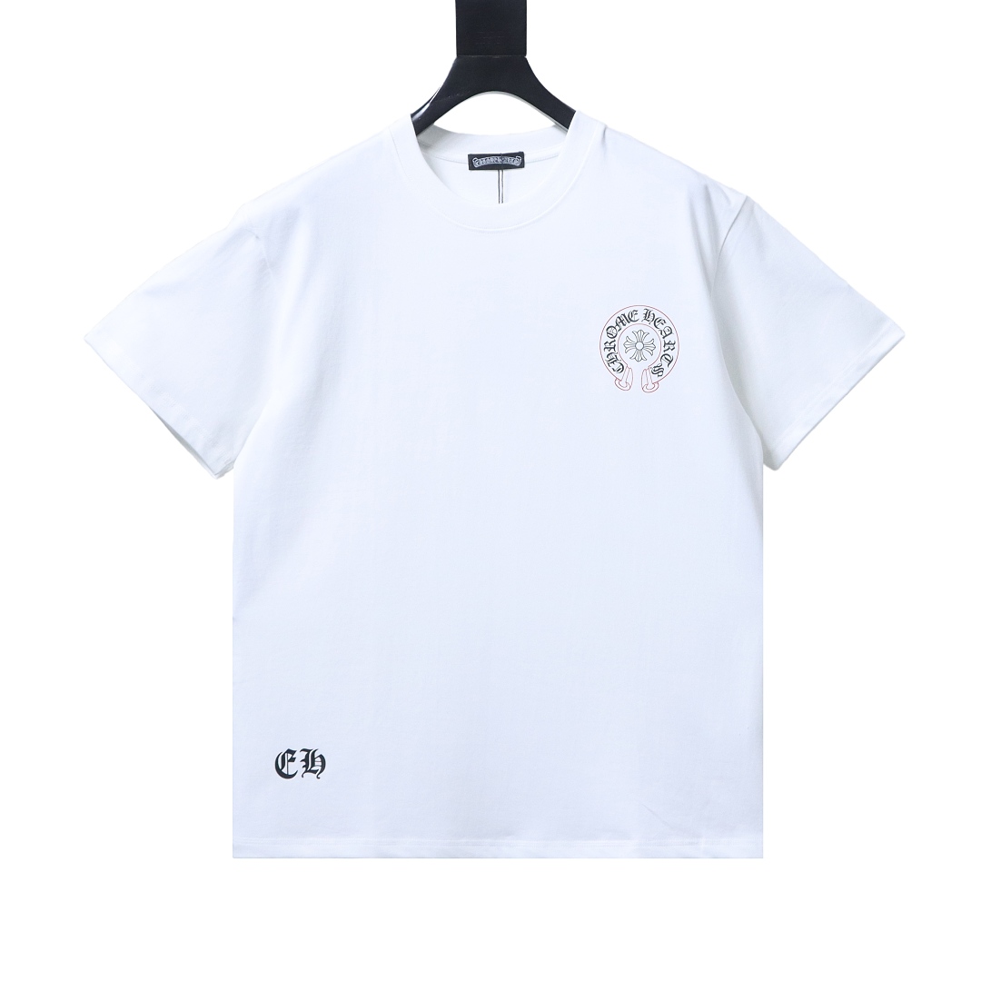 EM Sneakers Chrome Hearts SS26 White T-Shirt with Pink-Outline Horseshoe Logo Print