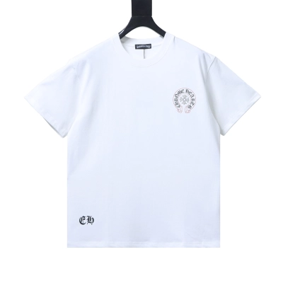 EM Sneakers Chrome Hearts SS26 White T-Shirt with Pink-Outline Horseshoe Logo Print 01