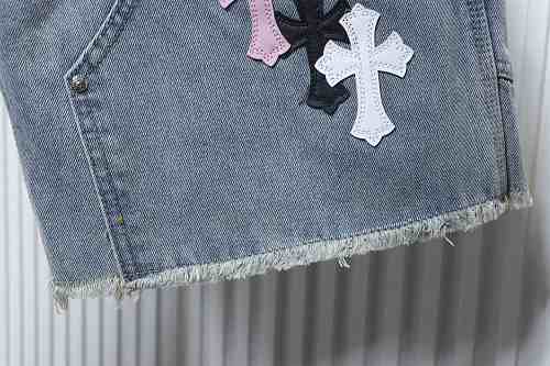 EM Sneakers Chrome Hearts Black and Pink Cross Leather Patchwork Cargo Short Jeans Washed Blue