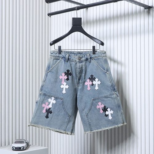 EM Sneakers Chrome Hearts Black and Pink Cross Leather Patchwork Cargo Short Jeans Washed Blue