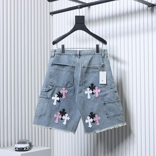 EM Sneakers Chrome Hearts Black and Pink Cross Leather Patchwork Cargo Short Jeans Washed Blue