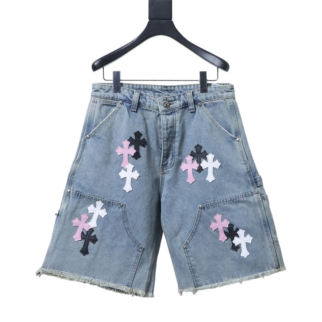 EM Sneakers Chrome Hearts Black and Pink Cross Leather Patchwork Cargo Short Jeans Washed Blue