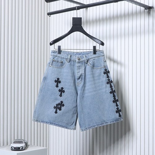 EM Sneakers Chrome Hearts Black Cross Leather Patchwork Cargo Short Jeans Washed Blue