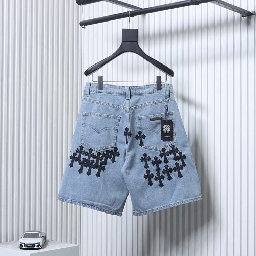 EM Sneakers Chrome Hearts Black Cross Leather Patchwork Cargo Short Jeans Washed Blue