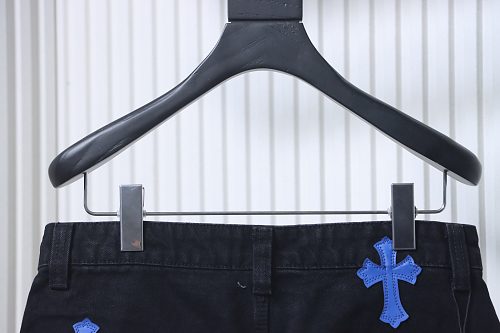 EM Sneakers Chrome Hearts Blue and White Cross Leather Patchwork Cargo Short Jeans Black