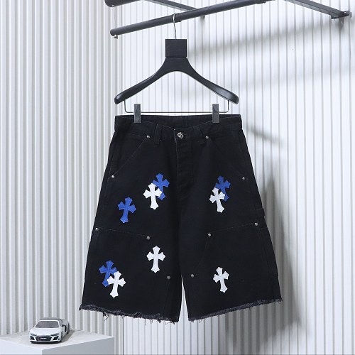 EM Sneakers Chrome Hearts Blue and White Cross Leather Patchwork Cargo Short Jeans Black