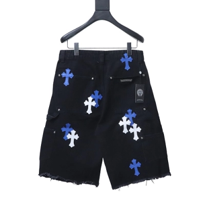 EM Sneakers Chrome Hearts Blue and White Cross Leather Patchwork Cargo Short Jeans Black 02