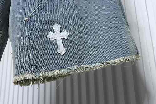 EM Sneakers Chrome Hearts Cross Leather Patchwork Cargo Short Jeans Washed Blue