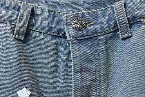 EM Sneakers Chrome Hearts Cross Leather Patchwork Cargo Short Jeans Washed Blue