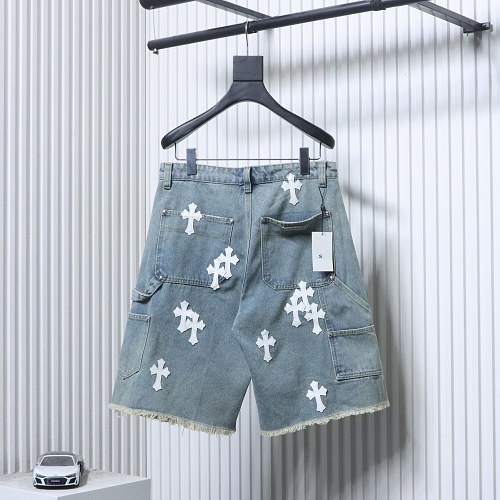 EM Sneakers Chrome Hearts Cross Leather Patchwork Cargo Short Jeans Washed Blue