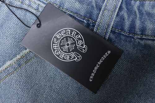 EM Sneakers Chrome Hearts Yellow Cross Leather Patchwork Cargo Short Jeans Washed Blue