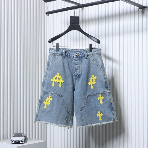 EM Sneakers Chrome Hearts Yellow Cross Leather Patchwork Cargo Short Jeans Washed Blue