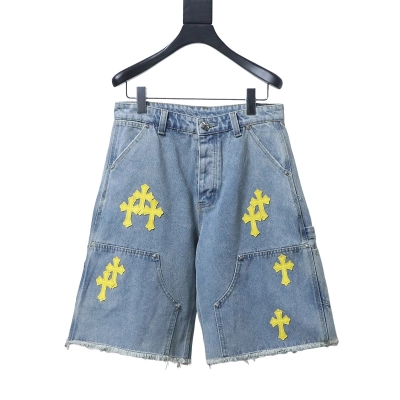 EM Sneakers Chrome Hearts Yellow Cross Leather Patchwork Cargo Short Jeans Washed Blue 01