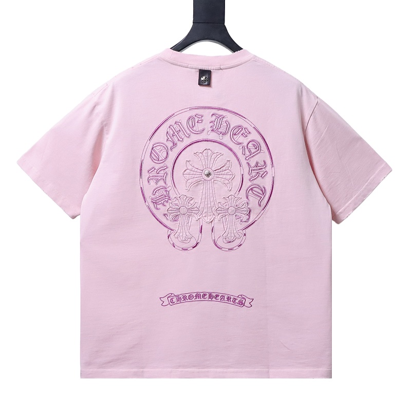 EM Sneakers Chrome Hearts Horseshoe Cross Burnout Appliqué & Embroidery Distressed T-Shirt Pink