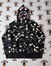 EM Sneakers BAPE Shark Head Tiger Head Zipper Luminous Camouflage Double Hooded Hoodie Dark Gray review 0