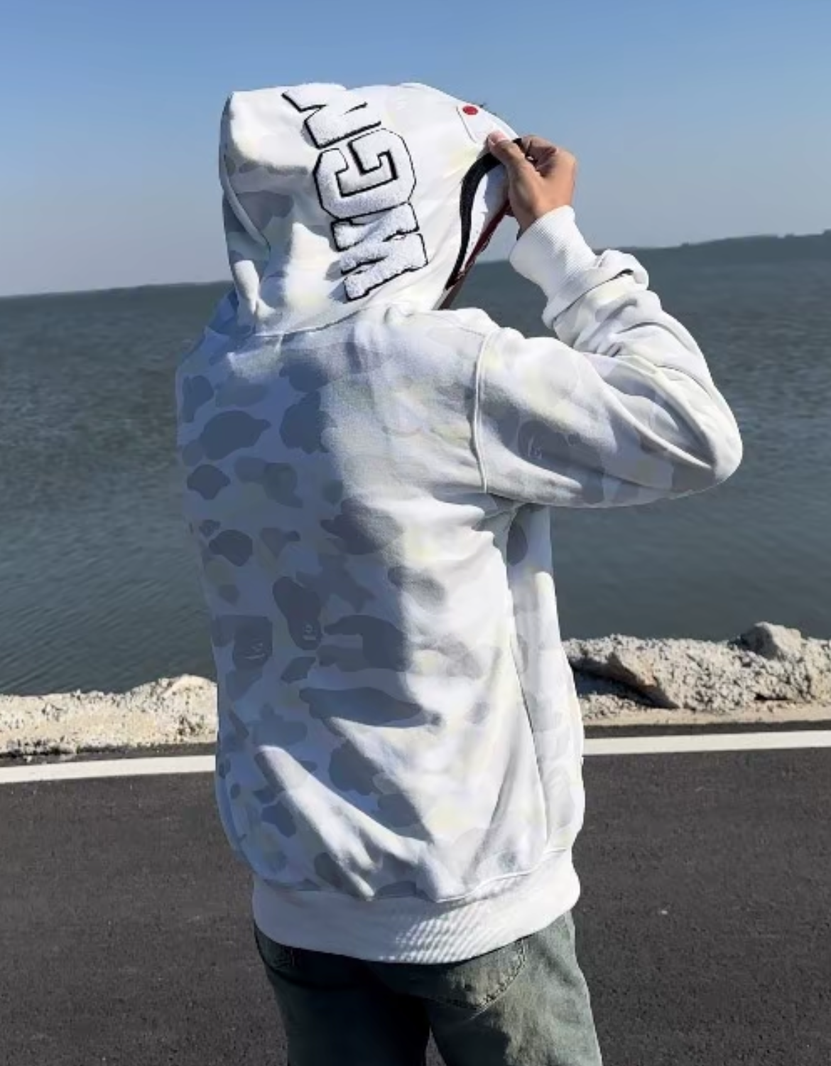 EM Sneakers BAPE Shark Head Tiger Head Zipper Luminous Camouflage Double Hooded Hoodie Gray and White review Makyah Williams
