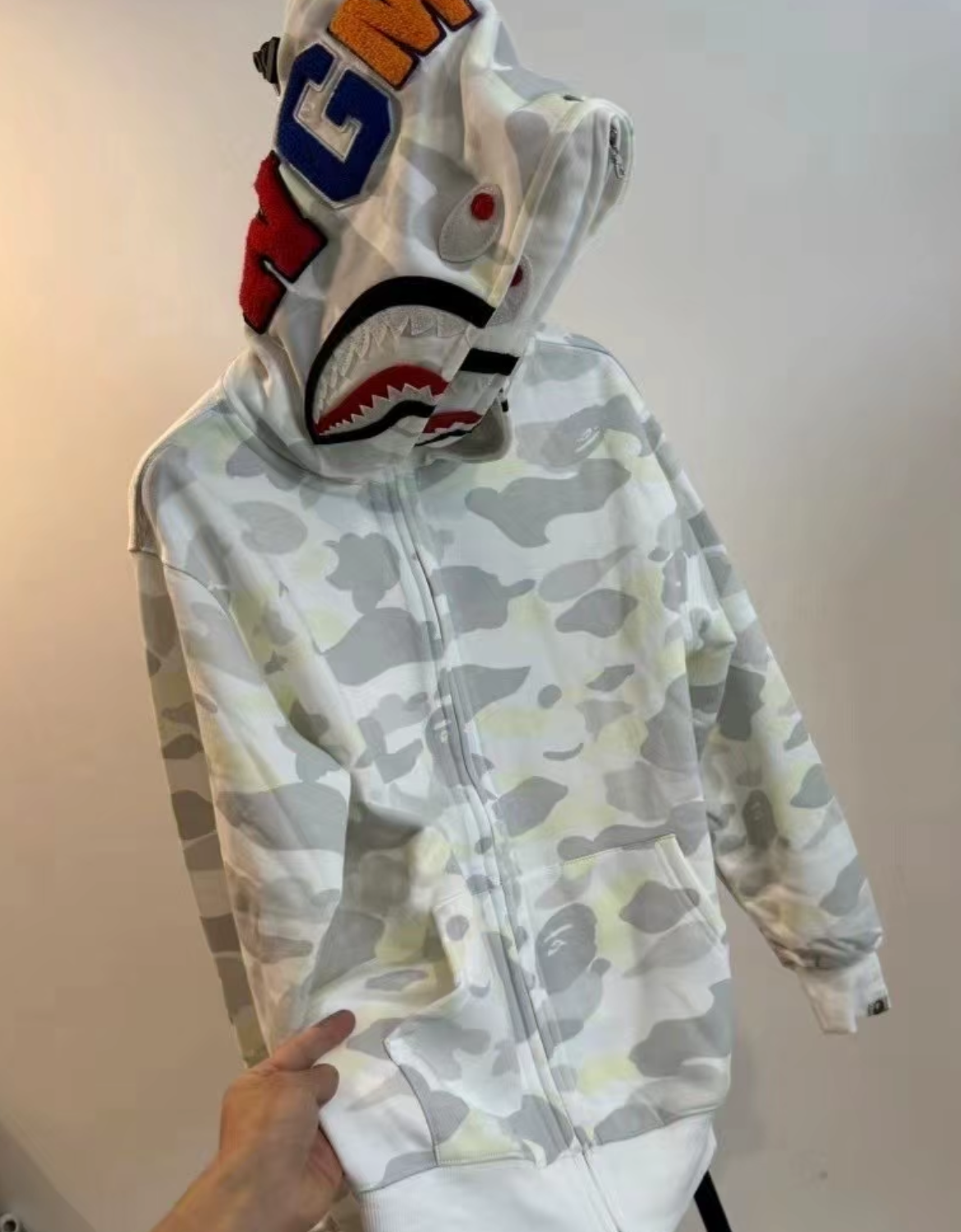 EM Sneakers BAPE Shark Head Tiger Head Zipper Luminous Camouflage Double Hooded Hoodie Gray and White review jaleigh kerr
