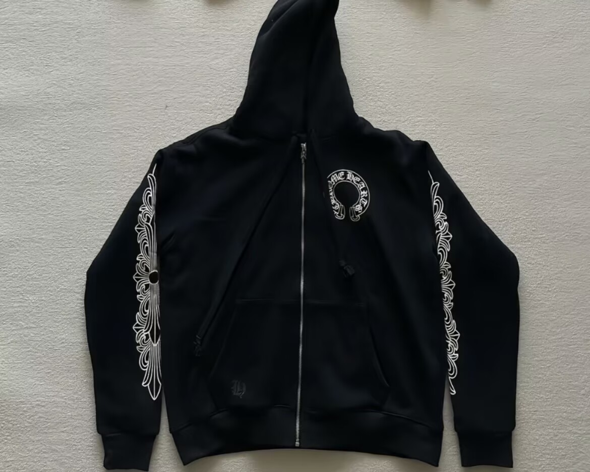 EM Sneakers Chrome Hearts Horseshoe Floral Cross-Sleeve Zip Up Hoodie Black White review 1