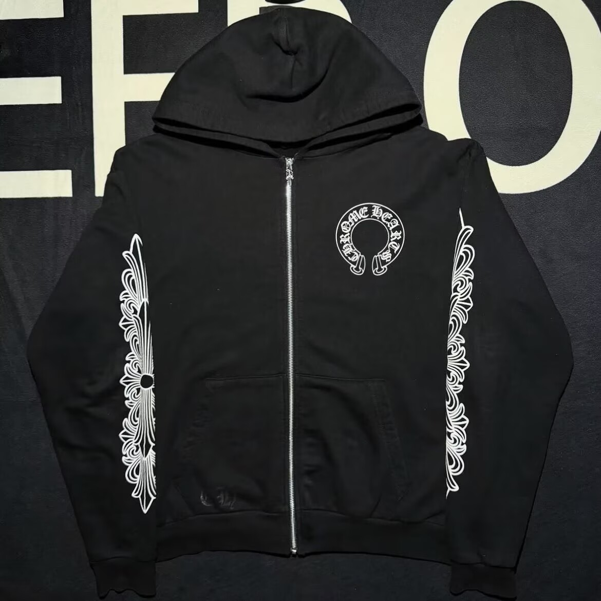 EM Sneakers Chrome Hearts Horseshoe Floral Cross-Sleeve Zip Up Hoodie Black White review 0