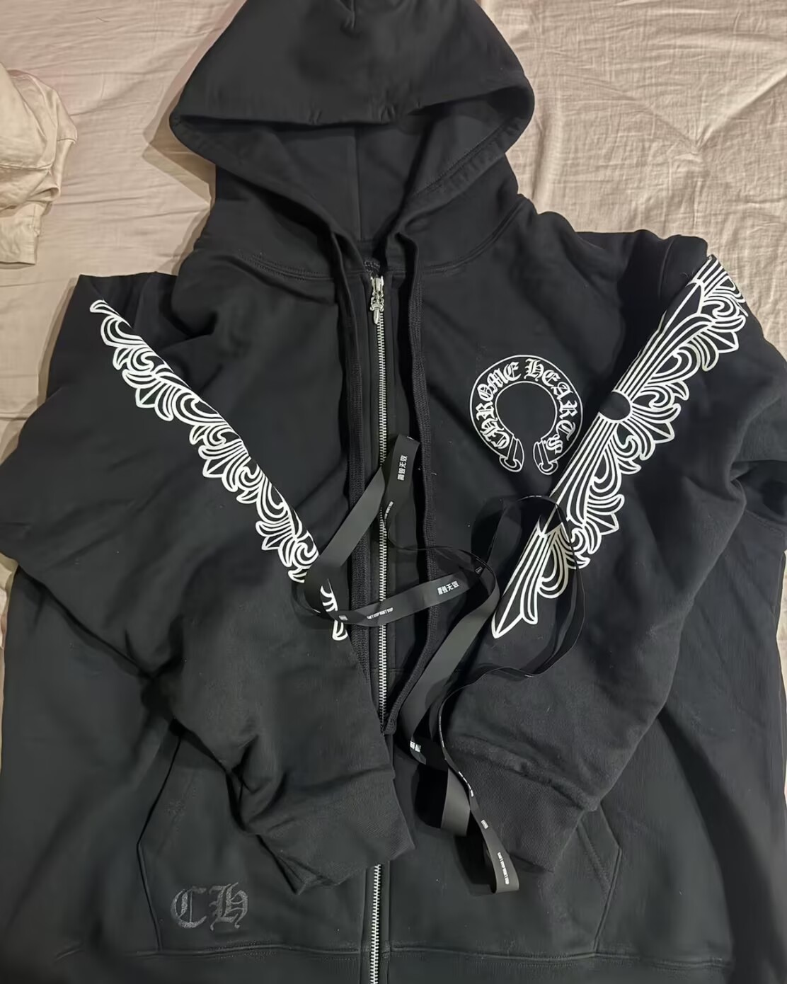EM Sneakers Chrome Hearts Horseshoe Floral Cross-Sleeve Zip Up Hoodie Black White review 0