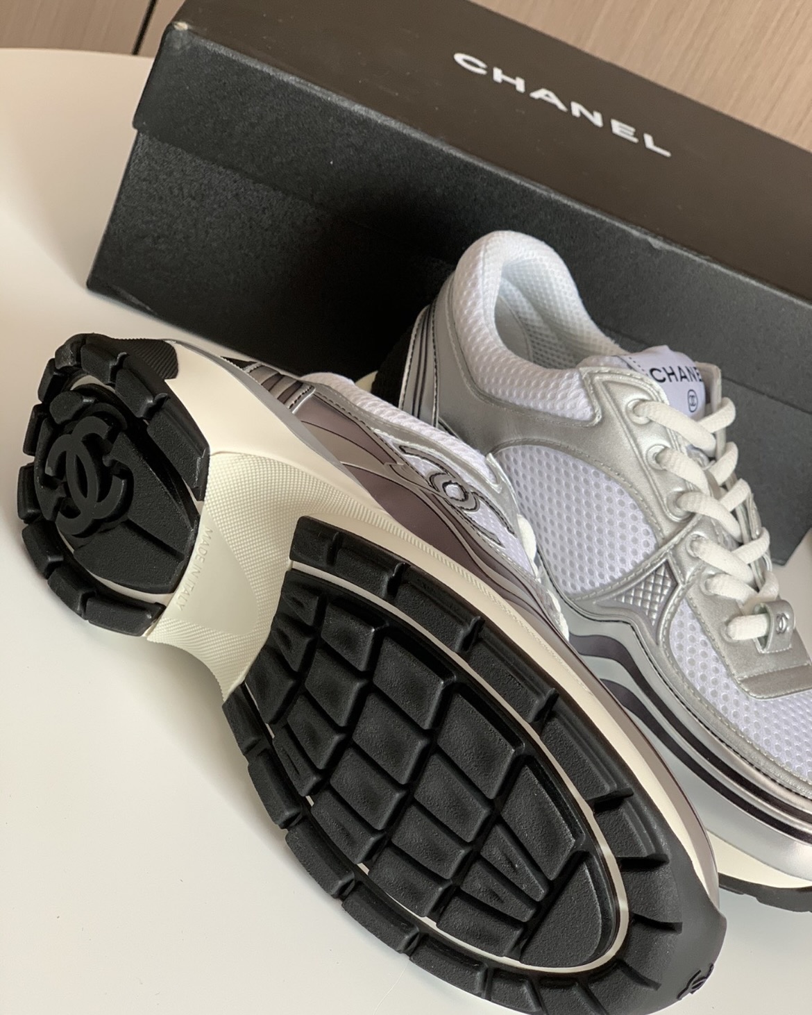 EM Sneakers Chanel Low Top Trainer Silver Black review major dennis